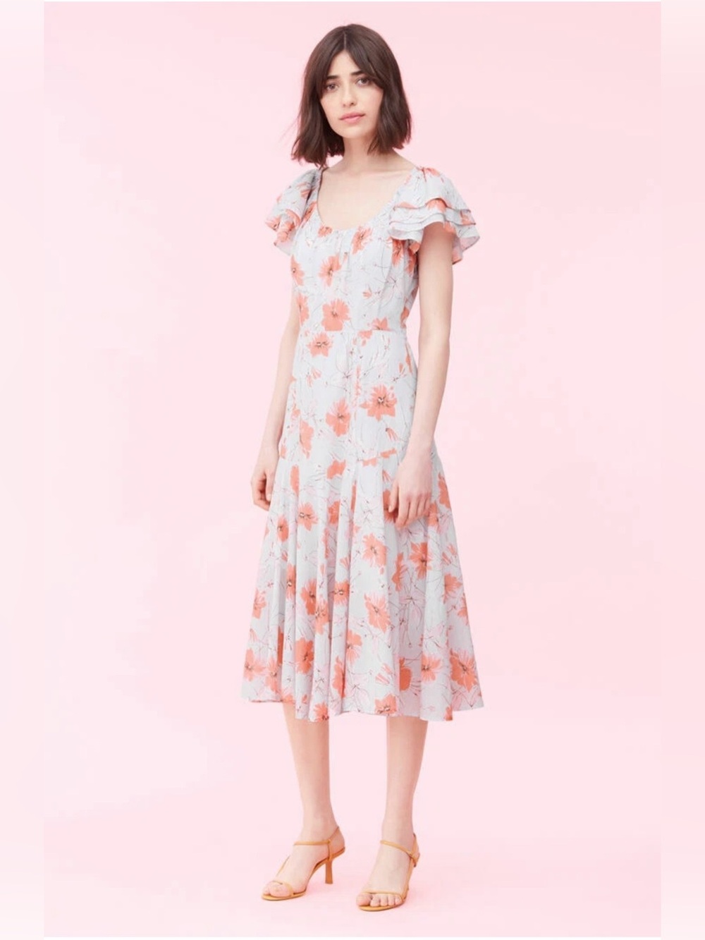 Rebecca Taylor La Vie Louise Floral Midi Dress XS Pink 100% Cotton Lined